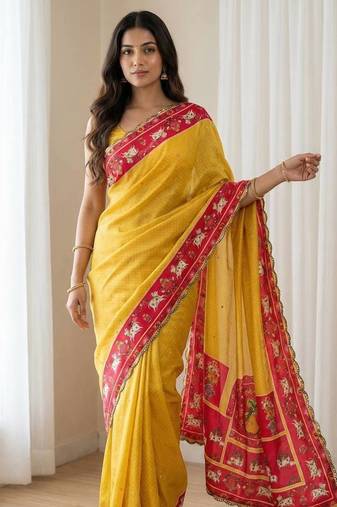 Yellow Color Aaari Mirror Foil Work and  Gopi Kana Print Silk Saree