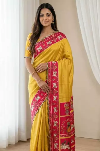 Yellow Color Aaari Mirror Foil Work and  Gopi Kana Print Silk Saree