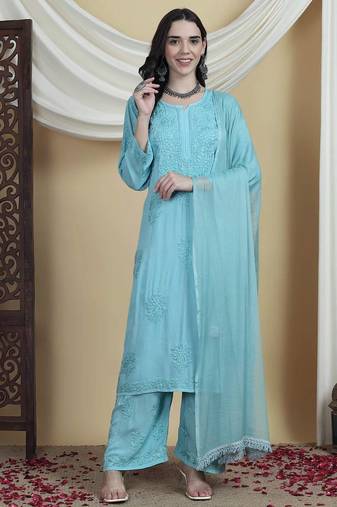 Aqua Blue Chikankari Kurta Set with Rayon Palazzo & Faux Georgette Dupatta