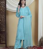 Aqua Blue Chikankari Kurta Set with Rayon Palazzo & Faux Georgette Dupatta