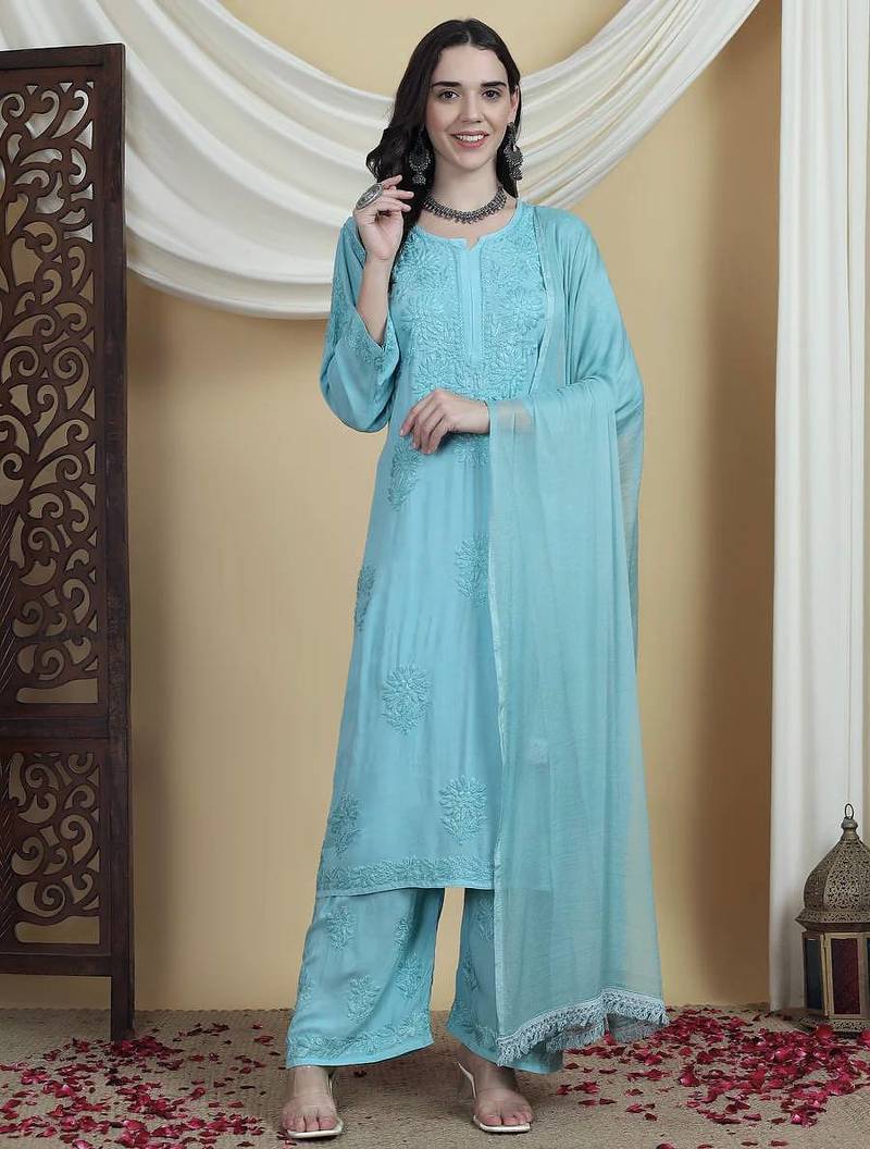 Aqua Blue Chikankari Kurta Set with Rayon Palazzo & Faux Georgette Dupatta