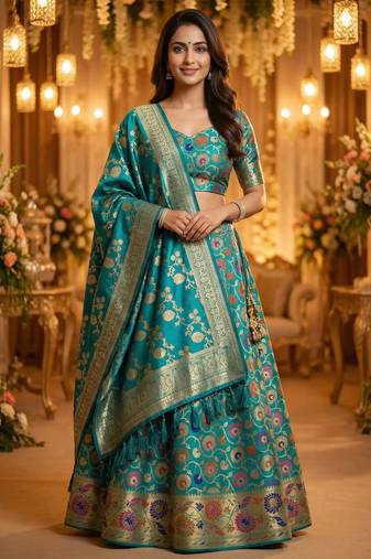 Pure Silk Unstitched Banarasi Lehanga Set in Teal Green Colour with Blouse