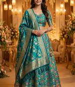 Pure Silk Unstitched Banarasi Lehanga Set in Teal Green Colour with Blouse