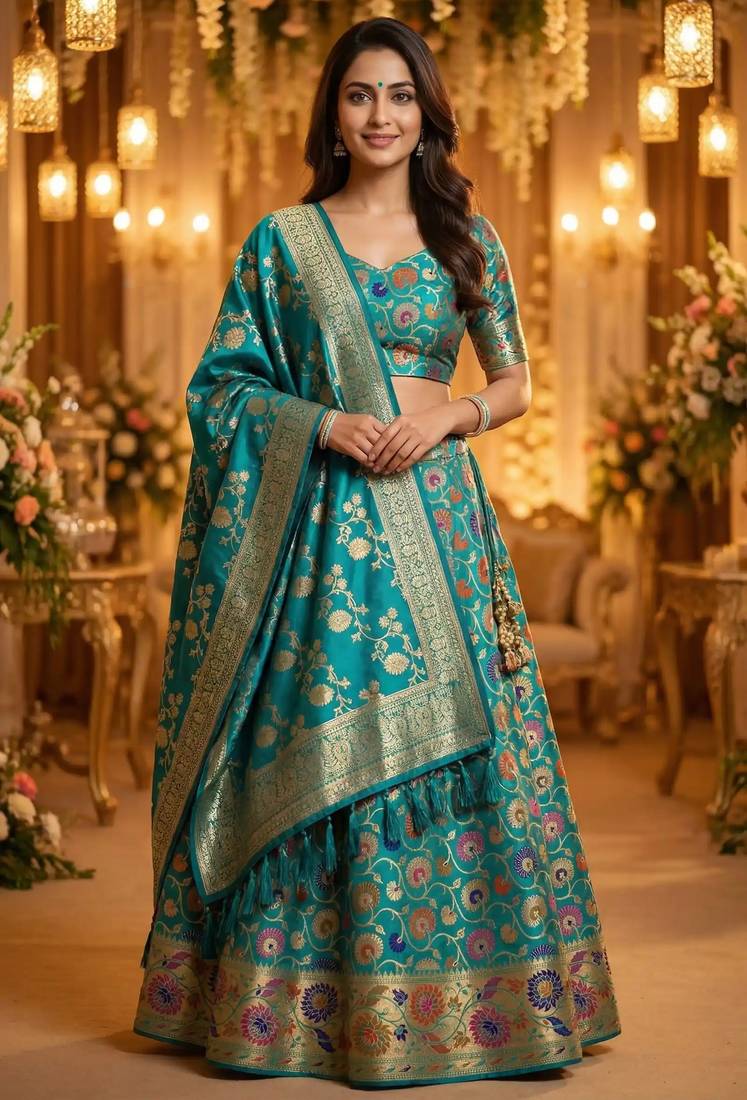 Pure Silk Unstitched Banarasi Lehanga Set in Teal Green Colour with Blouse
