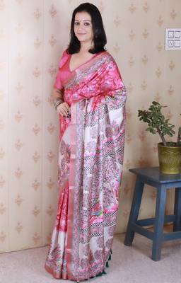 Pink printed tussar silk printed saree with blouse 3