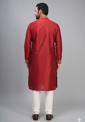 men’s red silk kurta set with heavy embroidery 4