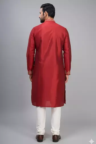men’s red silk kurta set with heavy embroidery