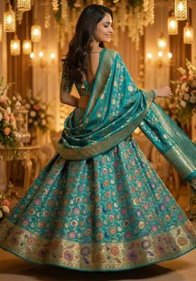 Pure Silk Unstitched Banarasi Lehanga Set in Teal Green Colour with Blouse 2