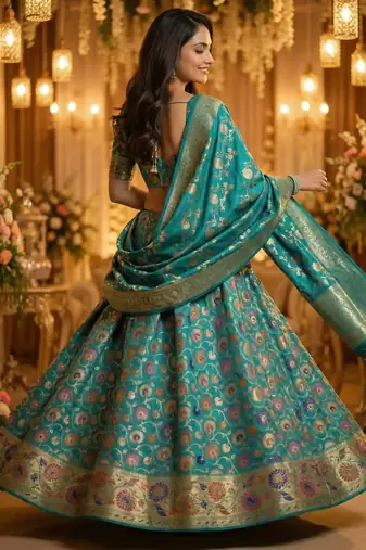Pure Silk Unstitched Banarasi Lehanga Set in Teal Green Colour with Blouse