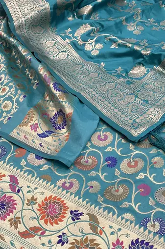 Pure Silk Unstitched Banarasi Lehanga Set in Teal Green Colour with Blouse