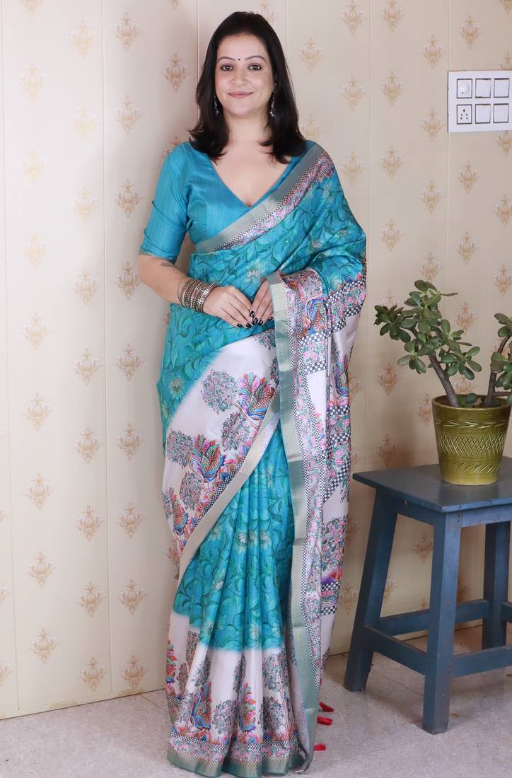 Sky blue printed tussar silk printed saree with blouse