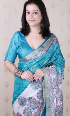 Sky blue printed tussar silk printed saree with blouse 2