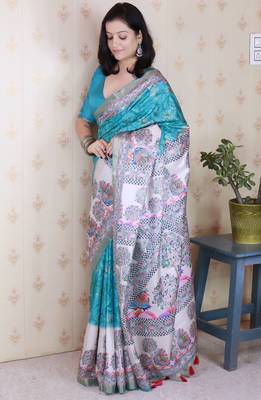 Sky blue printed tussar silk printed saree with blouse 3