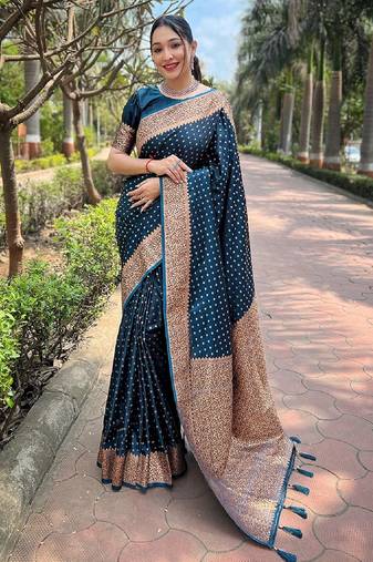 Blue woven self design banarasi katan silk banarasi saree with blouse
