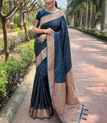 Blue woven self design banarasi katan silk banarasi saree with blouse