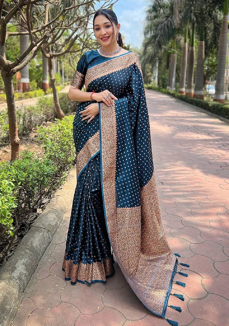 Blue woven self design banarasi katan silk banarasi saree with blouse
