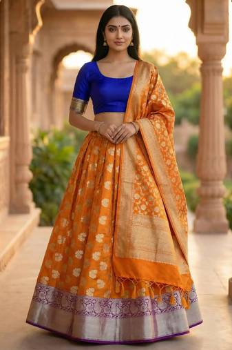 Pure Silk Unstitched Banarasi Lehanga Set in Orange Colour with Blouse