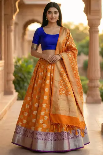 Pure Silk Unstitched Banarasi Lehanga Set in Orange Colour with Blouse