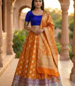Pure Silk Unstitched Banarasi Lehanga Set in Orange Colour with Blouse