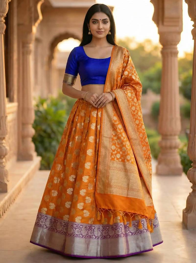 Pure Silk Unstitched Banarasi Lehanga Set in Orange Colour with Blouse