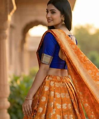 Pure Silk Unstitched Banarasi Lehanga Set in Orange Colour with Blouse 2
