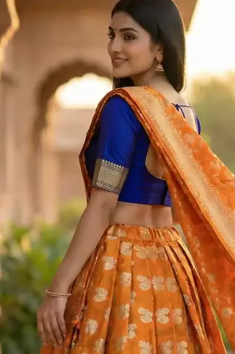 Pure Silk Unstitched Banarasi Lehanga Set in Orange Colour with Blouse