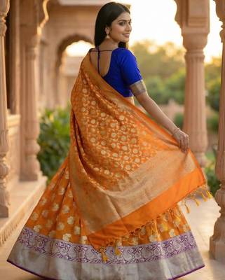 Pure Silk Unstitched Banarasi Lehanga Set in Orange Colour with Blouse 3