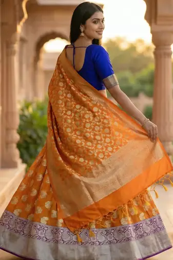 Pure Silk Unstitched Banarasi Lehanga Set in Orange Colour with Blouse