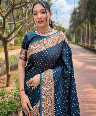 Blue woven self design banarasi katan silk blend banarasi saree with blouse 2