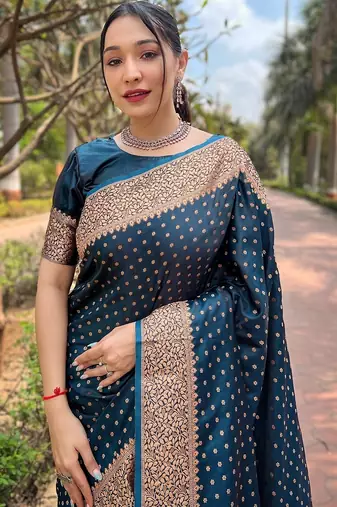 Blue woven self design banarasi katan silk banarasi saree with blouse