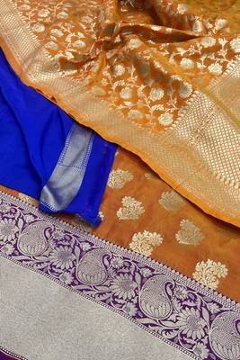 Pure Silk Unstitched Banarasi Lehanga Set in Orange Colour with Blouse 4