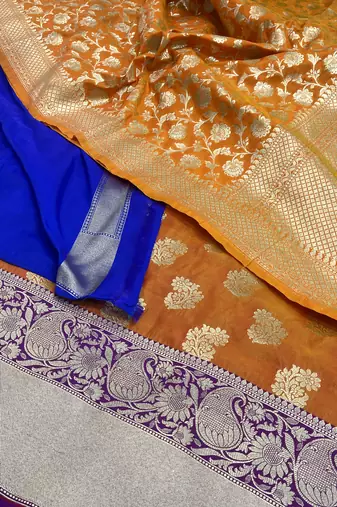 Pure Silk Unstitched Banarasi Lehanga Set in Orange Colour with Blouse