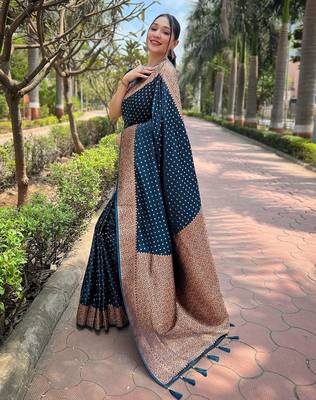 Blue woven self design banarasi katan silk blend banarasi saree with blouse 3