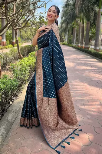 Blue woven self design banarasi katan silk banarasi saree with blouse