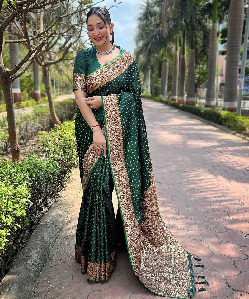 Green woven self design banarasi katan silk banarasi saree with blouse