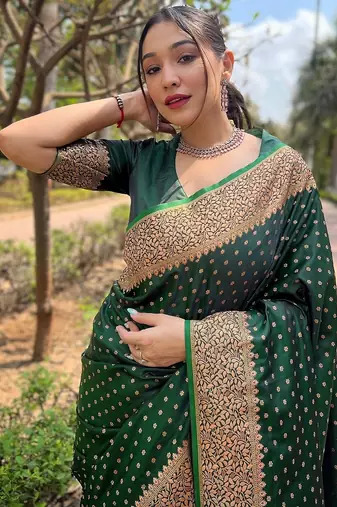 Green woven self design banarasi katan silk banarasi saree with blouse