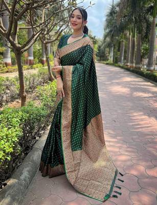 Green woven self design banarasi katan silk blend banarasi saree with blouse 3