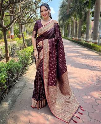 Maroon woven self design banarasi katan silk blend banarasi saree with blouse 1