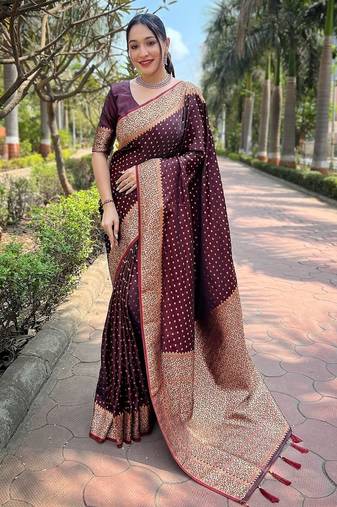 Maroon woven self design banarasi katan silk banarasi saree with blouse