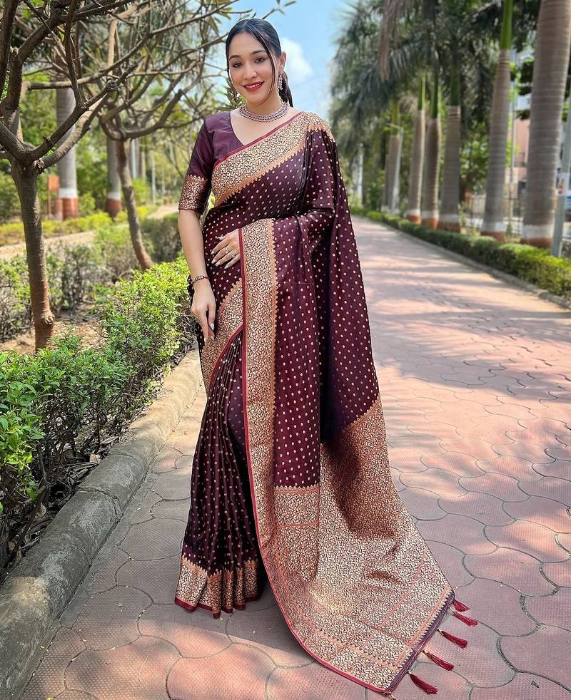 Maroon woven self design banarasi katan silk banarasi saree with blouse