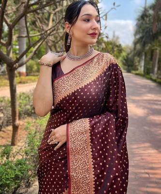 Maroon woven self design banarasi katan silk blend banarasi saree with blouse 2