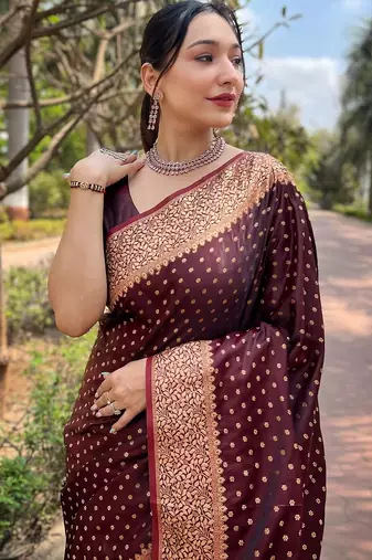 Maroon woven self design banarasi katan silk banarasi saree with blouse