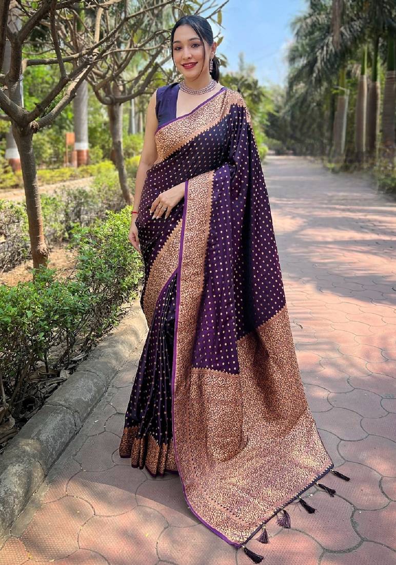 Purple woven self design banarasi katan silk banarasi saree with blouse