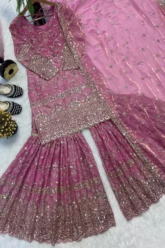 Pink fandy crushi silk  party wear embroidery sharara suit set