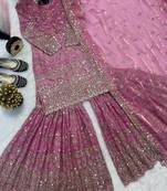 Pink fandy crushi silk  party wear embroidery sharara suit set
