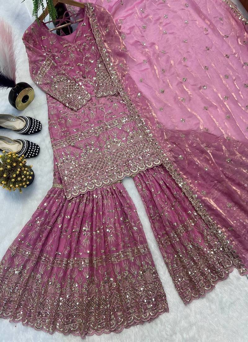 Pink fandy crushi silk  party wear embroidery sharara suit set