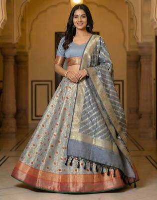 Pure Silk Unstitched Banarasi Lehanga Set in Grey Colour with Blouse 1