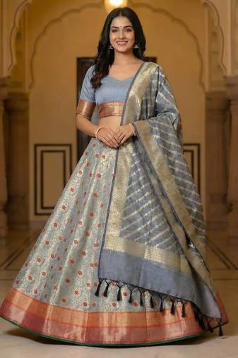 Pure Silk Unstitched Banarasi Lehanga Set in Grey Colour with Blouse