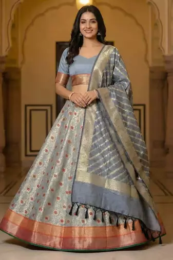 Pure Silk Unstitched Banarasi Lehanga Set in Grey Colour with Blouse