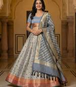 Pure Silk Unstitched Banarasi Lehanga Set in Grey Colour with Blouse